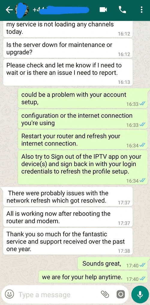 WhatsApp chat screenshot of a customer contacting PrimaProTV support to start an order