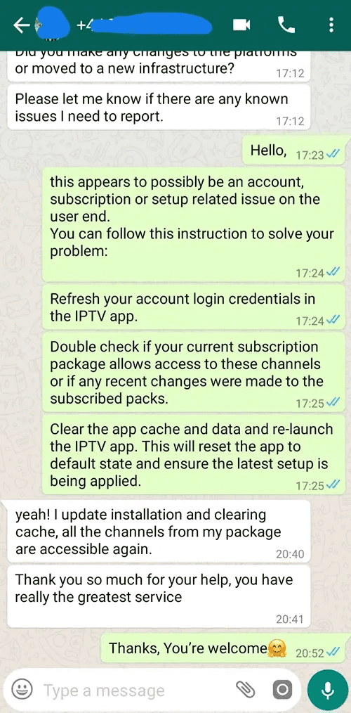 WhatsApp chat screenshot showing PrimaProTV support answering a subscription question