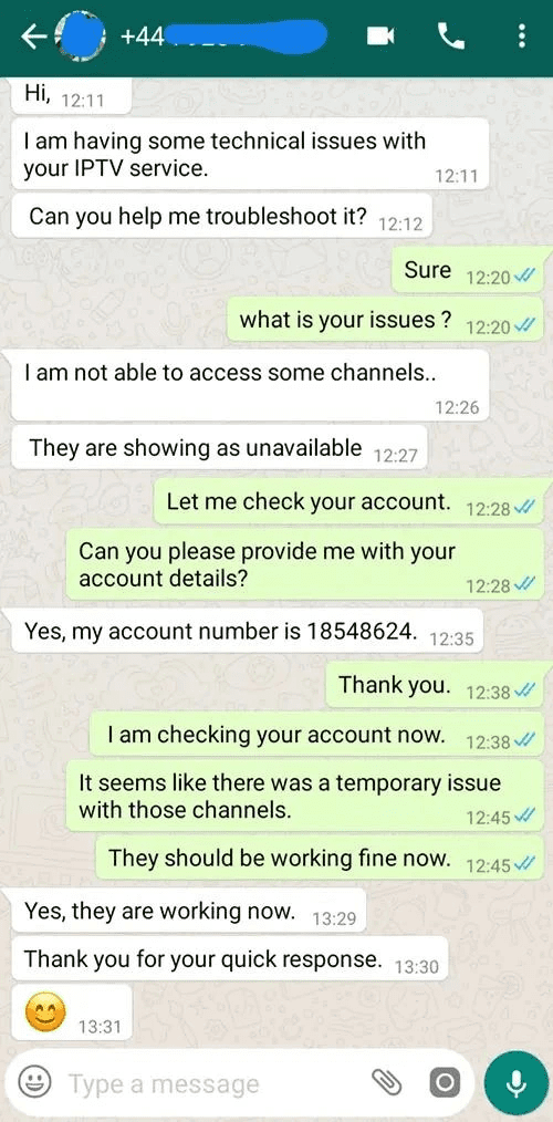 WhatsApp chat screenshot of a customer conversation with PrimaProTV support during IPTV ordering