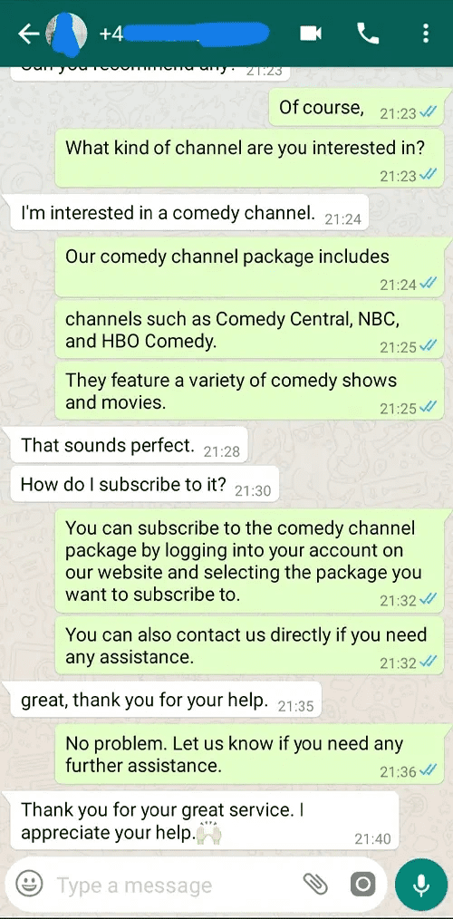 WhatsApp chat screenshot of a customer ordering a comedy channel package from PrimaProTV support