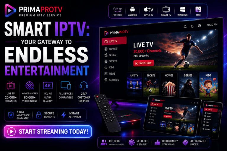 Smart IPTV app interface offering unlimited live channels and on-demand entertainment