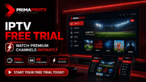 PrimaProTV free trial screen showing premium movies and series library