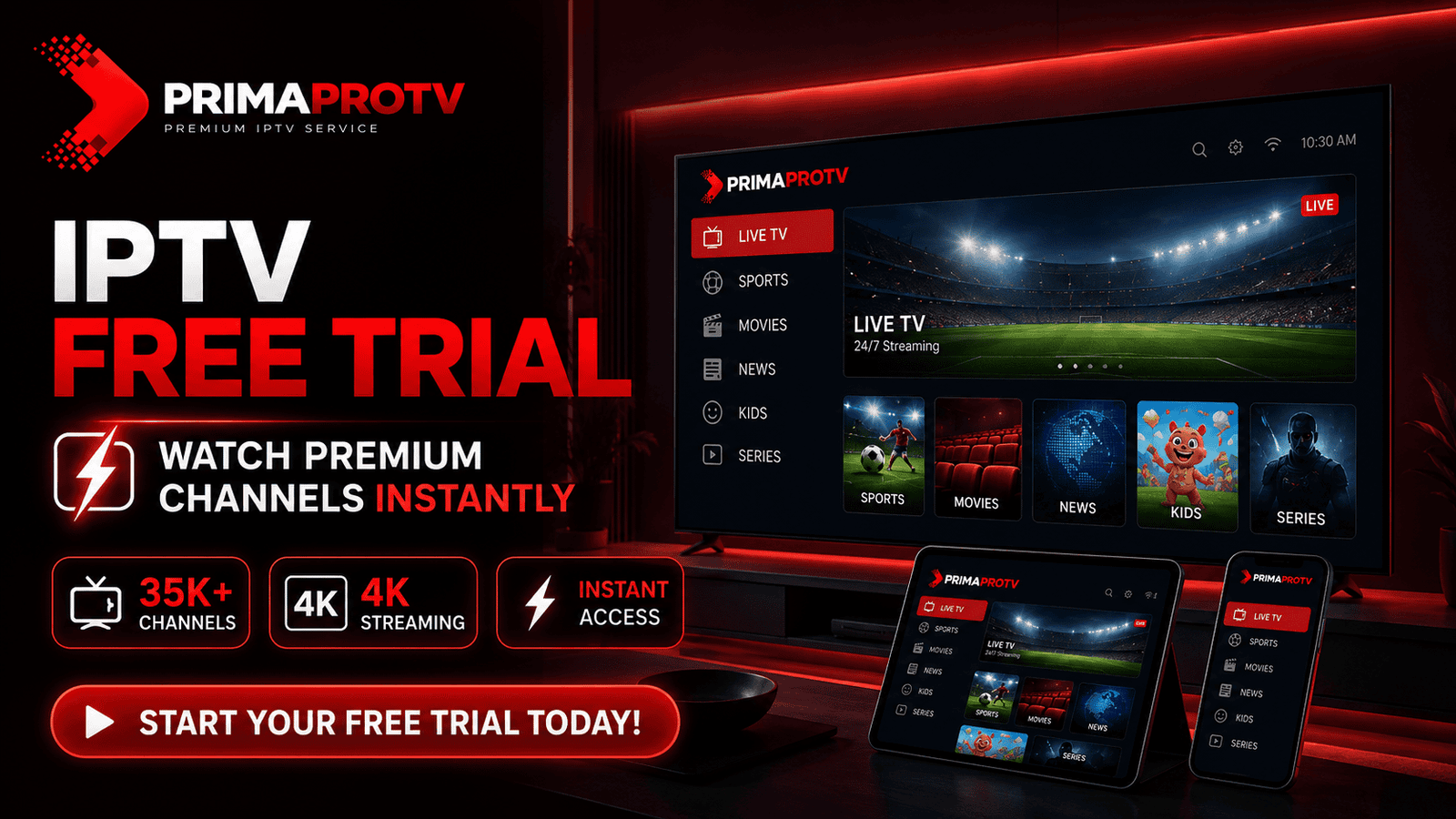 PrimaProTV free trial screen showing premium movies and series library