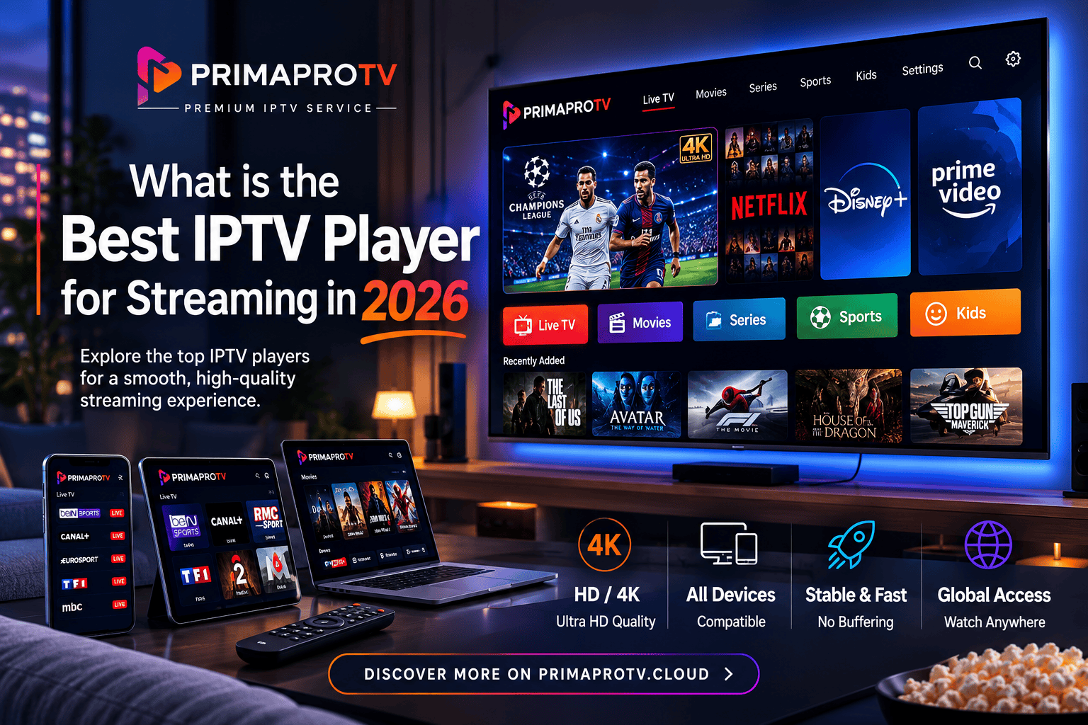 PrimaProTV IPTV app interface showing live TV, movies, sports and kids channels with 4K streaming on multiple devices