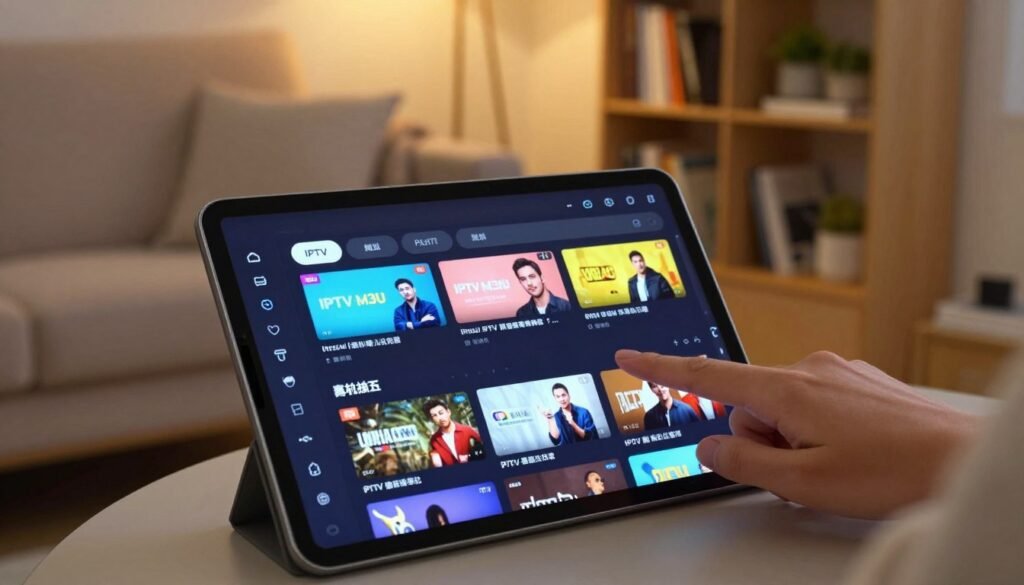 A close-up view of a neatly organized IPTV M3U playlist displayed on a sleek tablet screen. In the foreground, the tablet shows colorful and distinctive thumbnail images of various streaming channels, with a finger hovering over the screen as if about to select a channel. The middle ground features a cozy living room setup with a comfortable couch and a soft throw blanket, illuminated by warm ambient lighting. In the background, a bookshelf filled with technology books and decorative items adds personality to the scene. The mood should feel inviting and modern, emphasizing ease of use and accessibility, suggesting a seamless streaming experience at home. The composition is shot from a slightly elevated angle to capture both the device and the comforting home environment.