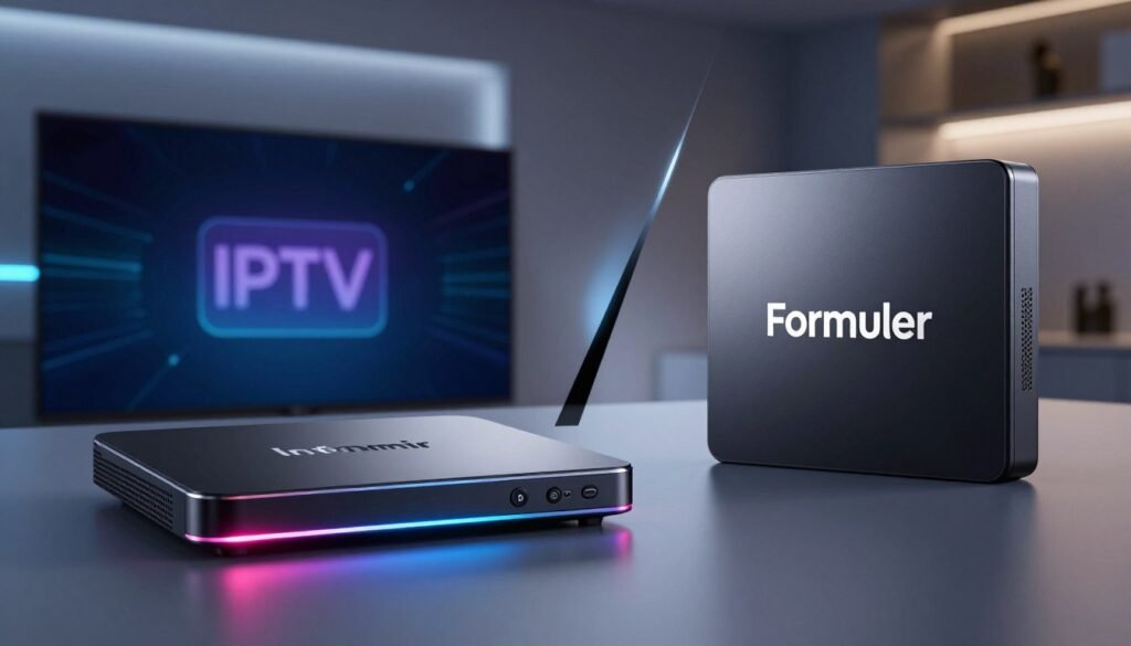 A detailed and visually engaging comparison image of two IPTV boxes, one representing Infomir and the other Formuler, set against a sleek, modern backdrop. The foreground features the Infomir box on the left, showcasing its distinctive design and logo, with vibrant LED lights illuminating its sleek profile. On the right, the Formuler box displays its unique features and logo, with a subtle glow highlighting its premium finish. The middle ground includes a split-screen effect, emphasizing the contrast in their designs and functionalities. The background consists of a tech-inspired theme with soft, diffused lighting that creates a professional atmosphere. Focus on clarity and detail, using a slight angle to provide depth, creating an image that embodies a competitive comparison between these two IPTV boxes.