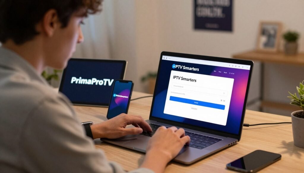 A focused scene depicting a professional setting where a user is troubleshooting an IPTV Smarters login issue. In the foreground, a person in smart casual attire is sitting at a desk, intently examining a laptop screen displaying the IPTV Smarters login interface with fields for username and password. The middle ground features tech-themed items like a smartphone, a tablet showing the PrimaProTV logo, and cables scattered around. The background subtly blends a modern home office with soft lighting and a motivational poster on the wall. Emphasize a mood of concentration and problem-solving. Use warm, inviting colors to evoke a sense of clarity and determination. The camera angle should capture the user's focused expression and the vibrant details on the laptop screen. A focused scene depicting a professional setting where a user is troubleshooting an IPTV Smarters login issue. In the foreground, a person in smart casual attire is sitting at a desk, intently examining a laptop screen displaying the IPTV Smarters login interface with fields for username and password. The middle ground features tech-themed items like a smartphone, a tablet showing the PrimaProTV logo, and cables scattered around. The background subtly blends a modern home office with soft lighting and a motivational poster on the wall. Emphasize a mood of concentration and problem-solving. Use warm, inviting colors to evoke a sense of clarity and determination. The camera angle should capture the user's focused expression and the vibrant details on the laptop screen.