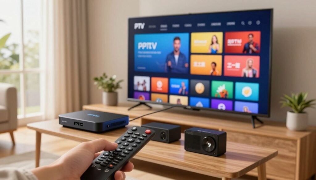 A modern living room setting featuring a stylish entertainment unit with various streaming devices prominently displayed, such as a sleek IPTV box and a smart TV. In the foreground, a hand is reaching for a remote control. The middle ground showcases a large screen displaying vibrant IPTV apps with colorful icons, creating a dynamic visual. In the background, soft natural lighting pours in from a large window, illuminating the room with a warm and inviting glow, enhancing the mood of comfort and modern technology. The scene is viewed from a slightly elevated angle to capture both the devices and the screen effectively, ensuring a clear focus on the IPTV apps and streaming experience. The atmosphere is friendly and tech-savvy, appealing to viewers interested in streaming options. A modern living room setting featuring a stylish entertainment unit with various streaming devices prominently displayed, such as a sleek IPTV box and a smart TV. In the foreground, a hand is reaching for a remote control. The middle ground showcases a large screen displaying vibrant IPTV apps with colorful icons, creating a dynamic visual. In the background, soft natural lighting pours in from a large window, illuminating the room with a warm and inviting glow, enhancing the mood of comfort and modern technology. The scene is viewed from a slightly elevated angle to capture both the devices and the screen effectively, ensuring a clear focus on the IPTV apps and streaming experience. The atmosphere is friendly and tech-savvy, appealing to viewers interested in streaming options.