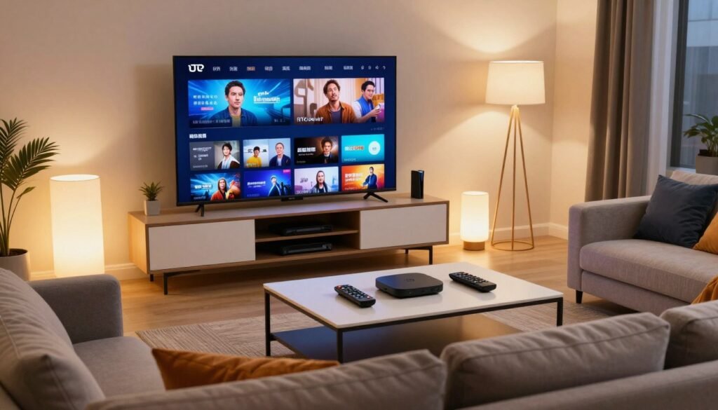 A modern living room setting with a large flat-screen television displaying high-definition IPTV streaming content, showcasing vibrant colors and crisp details. In the foreground, a comfortable sofa adorned with stylish cushions and a sleek coffee table scattered with recent streaming device remote controls. In the middle, a coffee table positioned under soft, ambient lighting emanating from stylish floor lamps, creating a warm and inviting atmosphere. In the background, a neatly organized entertainment unit with DVDs and gaming consoles, hinting at a high-tech, connected lifestyle. The scene is viewed from a slightly elevated angle, emphasizing the quality of the streaming image on the TV. The overall mood conveys relaxation and enjoyment of high-quality entertainment at home. A modern living room setting with a large flat-screen television displaying high-definition IPTV streaming content, showcasing vibrant colors and crisp details. In the foreground, a comfortable sofa adorned with stylish cushions and a sleek coffee table scattered with recent streaming device remote controls. In the middle, a coffee table positioned under soft, ambient lighting emanating from stylish floor lamps, creating a warm and inviting atmosphere. In the background, a neatly organized entertainment unit with DVDs and gaming consoles, hinting at a high-tech, connected lifestyle. The scene is viewed from a slightly elevated angle, emphasizing the quality of the streaming image on the TV. The overall mood conveys relaxation and enjoyment of high-quality entertainment at home.