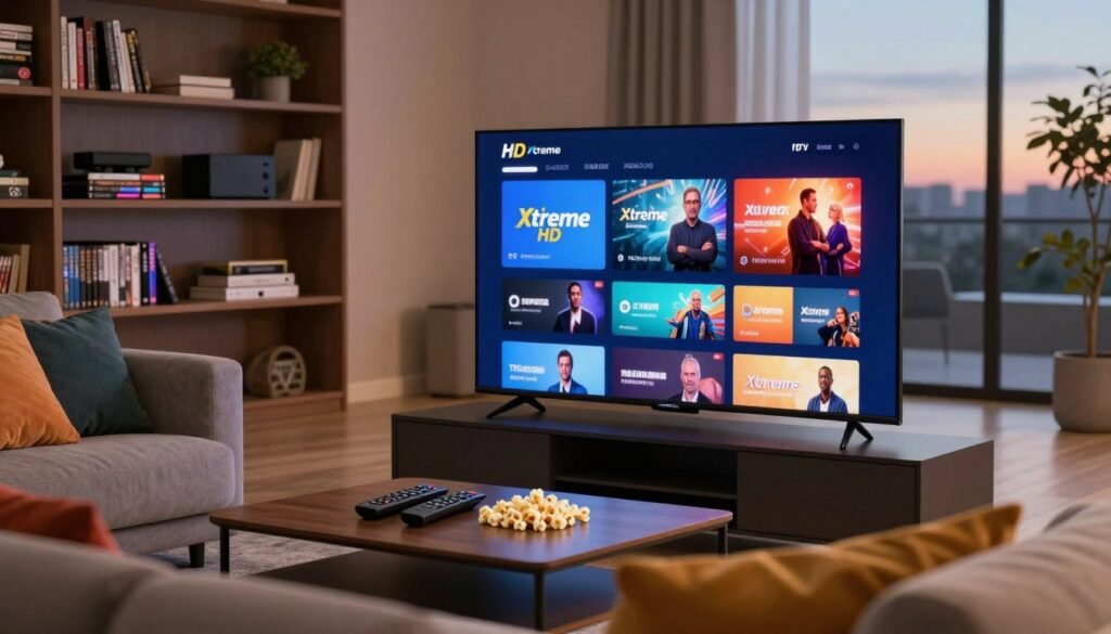 A modern living room setup featuring a sleek, ultra-high-definition television displaying vibrant streaming content, symbolizing Xtreme HD IPTV services. In the foreground, a comfortable couch adorned with colorful cushions and a coffee table with remote controls and popcorn, creating a sense of relaxation. In the middle, the TV screen shows dynamic streaming graphics, emphasizing clarity and detail. The background subtly features a stylish bookshelf filled with DVDs and tech gadgets. The lighting is warm and inviting, with soft ambient light streaming through a large window, suggesting a cozy evening atmosphere. Capture the scene from a slight angle to emphasize depth while maintaining a focus on the television and its vivid display.