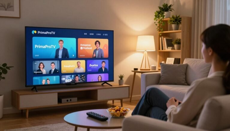 A modern living room with a sleek flat-screen TV displaying vibrant IPTV streaming content