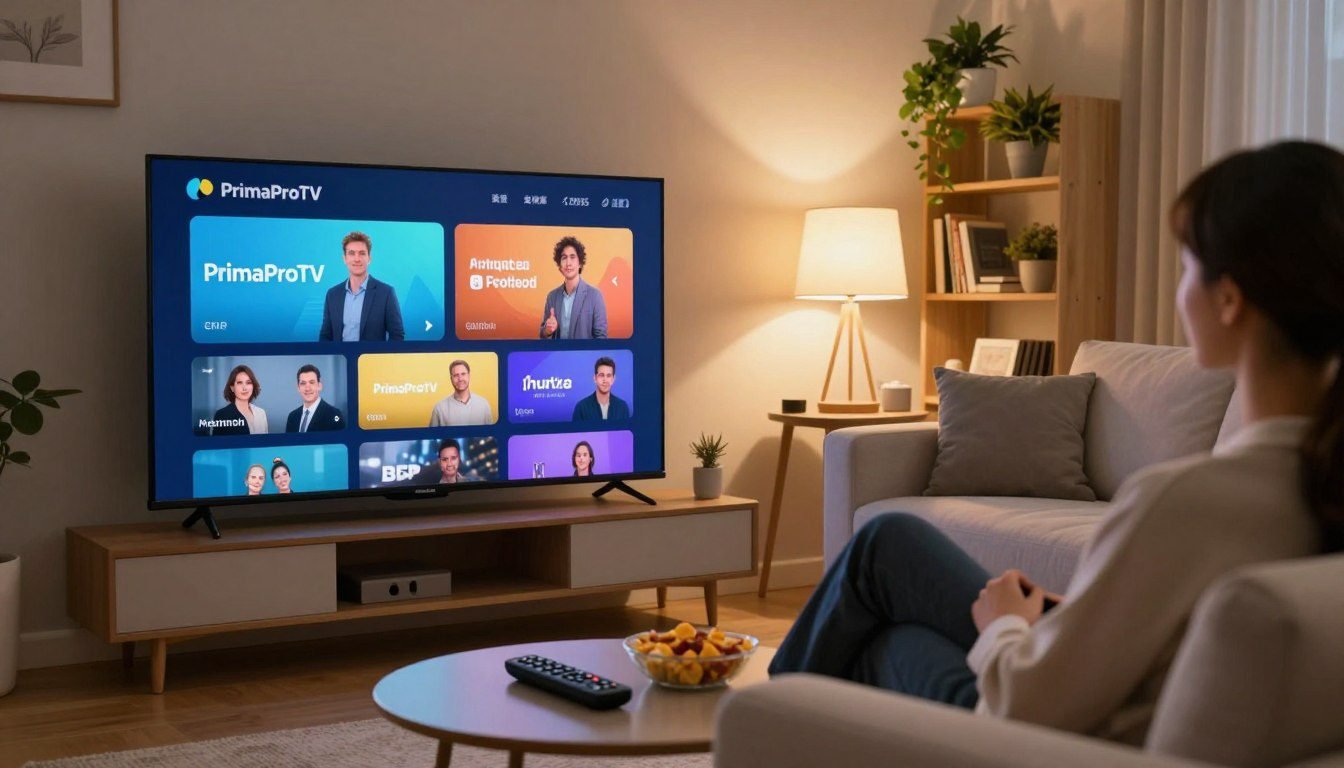 A modern living room with a sleek flat-screen TV displaying vibrant IPTV streaming content