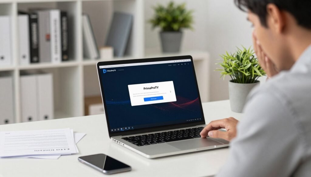 A modern, professional home office setup displaying a laptop screen with the "PrimaProTV" IPTV Smarters app open, showing an authentication error message. In the foreground, the laptop is positioned prominently, with a concerned individual in professional attire examining the screen, hinting at frustration. The middle layer features office accessories such as papers and a smartphone, suggesting a troubleshooting session. The background is a well-lit, contemporary workspace with a bookshelf filled with tech manuals and a potted plant, conveying a calm yet urgent atmosphere. Soft, natural lighting illuminates the scene, reflecting a focus on finding solutions to technical issues, with a shallow depth of field to emphasize the foreground action. A modern, professional home office setup displaying a laptop screen with the "PrimaProTV" IPTV Smarters app open, showing an authentication error message. In the foreground, the laptop is positioned prominently, with a concerned individual in professional attire examining the screen, hinting at frustration. The middle layer features office accessories such as papers and a smartphone, suggesting a troubleshooting session. The background is a well-lit, contemporary workspace with a bookshelf filled with tech manuals and a potted plant, conveying a calm yet urgent atmosphere. Soft, natural lighting illuminates the scene, reflecting a focus on finding solutions to technical issues, with a shallow depth of field to emphasize the foreground action.