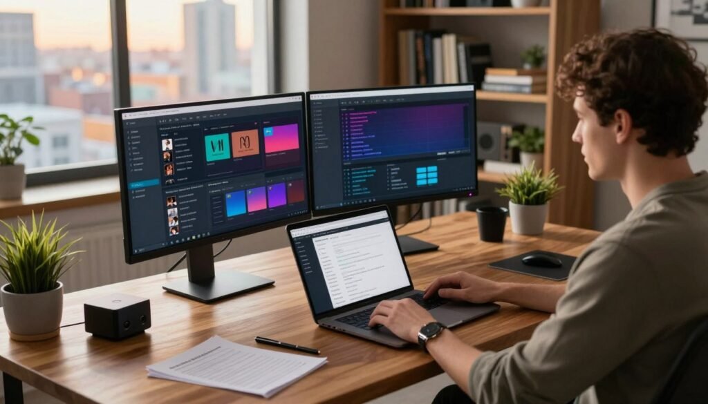 A modern workspace featuring a sleek wooden desk with dual monitors displaying colorful M3U playlist conversion software interfaces. In the foreground, a focused individual in smart casual attire, using a laptop to process playlist files, surrounded by notes and streaming device logos. The middle-ground includes a stylish bookshelf filled with tech books and a small potted plant for a touch of greenery. In the background, a vibrant cityscape is visible through a large window, bathed in warm afternoon light, creating a cozy yet professional atmosphere. The angle is slightly elevated, emphasizing the technology and concentration, while soft shadows enhance the depth of the scene. The overall mood is productive and inspiring, reflecting modern streaming solutions.