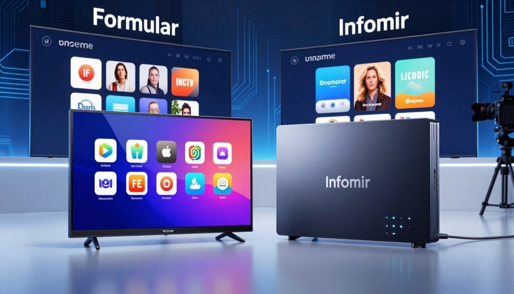 A sleek and modern tech environment showcasing two IPTV boxes side by side: the Formular and Infomir models. In the foreground, the Formular box features a glossy finish with a vibrant display screen showing app icons, while the Infomir box has a matte surface with illuminated indicators. The middle ground displays their operating systems on large, sharp screens, highlighting their user interfaces with visually appealing app layouts. The background introduces a blend of high-tech elements like circuit patterns and digital motifs, creating an atmosphere of innovation. Soft blue and white lighting enhances a futuristic feel, while a professional photographer's angle emphasizes clarity and detail, capturing the essence of IPTV technology and compatibility.