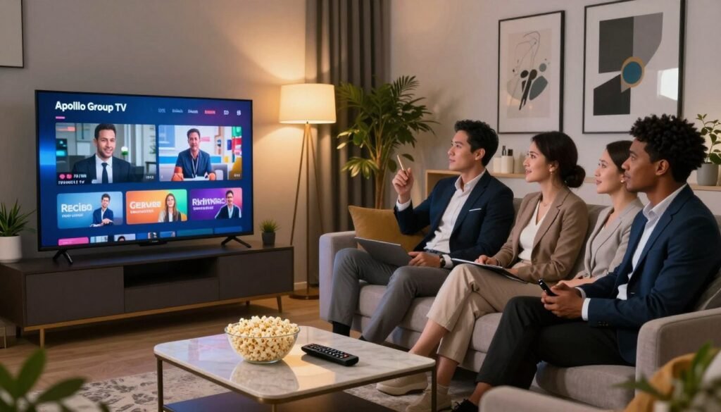 A sleek, modern living room scene showcasing a high-definition television displaying vibrant IPTV content, symbolizing the concept of "Apollo Group TV". The foreground features a stylish coffee table adorned with a remote and a bowl of popcorn, suggesting comfort and leisure. In the middle, a well-dressed, diverse group of individuals, casually seated on a plush sofa, are engaged in watching the TV, all in professional business attire. The background is filled with elegant decor, including houseplants and contemporary art, radiating a warm, inviting atmosphere. Soft, ambient lighting casts a cozy glow over the room, enhancing the feeling of relaxation and enjoyment. The angle is slightly elevated, providing a clear view of the engaging scene without any text or distractions.