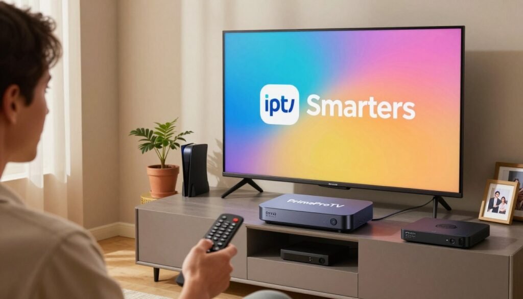 A sleek, modern living room with a large flat-screen TV displaying the IPTV Smarters logo, which has been updated with fresh graphics. In the foreground, a user interacts with a remote control, looking focused and intent. The middle of the scene features a stylish streaming device labeled "PrimaProTV" prominently on an entertainment center, surrounded by a few casual devices like game consoles and streaming boxes. Soft, natural lighting filters in from a window, creating a warm, inviting atmosphere. The background includes simple decor like houseplants and family photos, ensuring a cozy and relatable space. The angle of the shot is slightly angled upward, emphasizing the TV and streaming device, as a hint of excitement fills the air, capturing the essence of updating technology for better streaming experiences. A sleek, modern living room with a large flat-screen TV displaying the IPTV Smarters logo, which has been updated with fresh graphics. In the foreground, a user interacts with a remote control, looking focused and intent. The middle of the scene features a stylish streaming device labeled "PrimaProTV" prominently on an entertainment center, surrounded by a few casual devices like game consoles and streaming boxes. Soft, natural lighting filters in from a window, creating a warm, inviting atmosphere. The background includes simple decor like houseplants and family photos, ensuring a cozy and relatable space. The angle of the shot is slightly angled upward, emphasizing the TV and streaming device, as a hint of excitement fills the air, capturing the essence of updating technology for better streaming experiences.