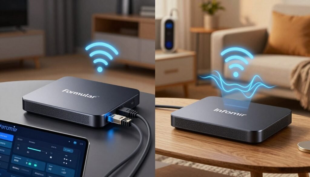 A split-screen illustration contrasting the network connectivity features of the Formular and Infomir IPTV boxes. On the left, display the Formular box in an elegant, modern setting, connected via a strong Ethernet cable, with glowing Wi-Fi signals emanating from it. The foreground features a sleek, high-tech interface showing network status. On the right, the Infomir box occupies a cozy living room environment, showcasing its Wi-Fi connection strength through visual waves. The background includes blurred images of household devices, emphasizing connectivity. The lighting is warm and inviting, creating an atmosphere of reliability and innovation, with a focus on the seamless integration of these devices in everyday life. Aim for a polished, professional aesthetic with a balanced composition.