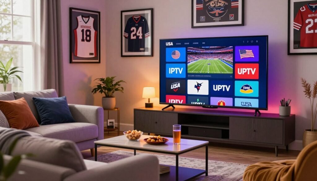 A vibrant and engaging living room scene showcasing a large television displaying various IPTV channel logos from the USA, highlighted in rich colors. In the foreground, a cozy, modern couch with soft cushions invites viewers, while a sleek coffee table holds snacks and drinks. In the middle, a warm glow emanates from the TV, reflecting the excitement of regional sports and local programming. The background features a well-decorated wall with framed jerseys and sports memorabilia, establishing a strong connection to American sports culture. Soft, natural lighting filters through a window, creating a welcoming atmosphere. The overall mood is inviting and lively, perfect for family entertainment and streaming experiences. A vibrant and engaging living room scene showcasing a large television displaying various IPTV channel logos from the USA, highlighted in rich colors. In the foreground, a cozy, modern couch with soft cushions invites viewers, while a sleek coffee table holds snacks and drinks. In the middle, a warm glow emanates from the TV, reflecting the excitement of regional sports and local programming. The background features a well-decorated wall with framed jerseys and sports memorabilia, establishing a strong connection to American sports culture. Soft, natural lighting filters through a window, creating a welcoming atmosphere. The overall mood is inviting and lively, perfect for family entertainment and streaming experiences.